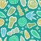 Doodle hand drawn stickers cutout style colorful succulents and cacti silhouettes on mint green background. Vector seamless repeat