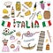 Doodle hand sketch collection of Italy icons. Italy culture elements for design. Vector color sketches travel set. Handwriting