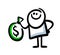 Doodle happy child holds a bag of cash and a dollar sign in his hand.