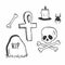 Doodle headstone set, cross, skull and bones, death line art. Old Memorial Cemetery. Spirit Day. Funeral. Taking the souls of the