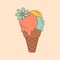 Doodle Ice Cream in Retro style. Ice cream whit Daisy flower for sticker and t shirt design in 1970 colors.