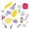 Doodle icons set of kitchen appliances and objects. Hand-drawn cooking items. Household appliances and housewares