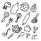 Doodle icons set of kitchen appliances and objects. Hand-drawn cooking items. Household appliances and housewares