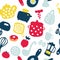 Doodle icons set of kitchen appliances and objects. Hand-drawn cooking items. Household appliances and housewares. Seamless