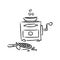 Doodle illustration of coffee grinder with coffee bean spatula