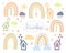 Doodle illustration, drawn cute multicolored rainbows, sun, clouds and houses , decor for kids bedroom.