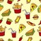 Doodle illustration of fast food. Seamless pattern with junk food. Hand drawn vector illustration made in cartoon style. Hamburger