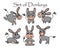 doodle illustration, set of hand-drawn funny gray-pink donkeys