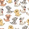 doodle illustrations, seamless pattern for children, drawn funny multicolored puppies dogs on a white background