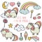Doodle items collection with unicorns and other fantasy magical