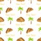 Doodle Kaya Toast seamless pattern background with palm trees. Traditional Singapore Breakfast background. Cartoon hand drawn.