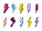 Doodle lightning bolts vector logo set. Concept of energy and electricity. Cartoon flash collection. Power and electric