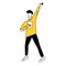 Doodle man with raised hand in yellow sweater and black pants. Simple line drawing of student with book. Vector joyful