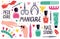 Doodle manicure equipment. Nail manicure tools, scissors, nail polish, tweezers and nail file, manicure accessories