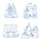 Doodle modern business office, industry factory buildings, warehouse sketch hand drawing vector set