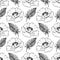 Doodle monochrome poppies feathers seamless pattern background texture vector