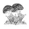 Doodle mushrooms, owls in flower frame monochrome sketch, coloring page antistress