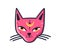 Doodle muzzle of magic pink cat with moon on forehead vector flat illustration. Avatar of mystic feline character with