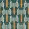 Doodle norway seamless viking ax pattern. Cartoon battle tools ornament in grey and orange tones on green stripped background