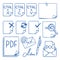 Doodle office paper vector icons with function symbols update, paste, cut, copy, send, delete and edit vector hand drawn