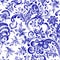 Doodle paisley seamless pattern. Gradient floral elements on white background. Gzhel. Watercolor imitation. Two colors