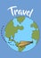 Doodle paper plane flying around Earth. Travel poster. Planet and folded origami airplane with way trace. International
