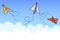 Doodle paper plane. Flying origami airplanes. Sky clouds. Flight dotted trace. Folded aircraft. Transportation by air