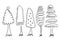 Doodle park forest conifer abstract silhouettes outlined trees in black color collection set