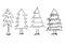 Doodle park forest conifer abstract silhouettes outlined trees in black color collection set
