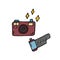 Doodle photo camera and film roll isolated. 90s nostalgia. Vector colored doodle illustration of retro camera from 1990s and 80s.