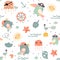 Doodle piratical seamless pattern with funny birds