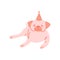 Doodle Pug in party hat lies on the ground. Vector cartoon illustration
