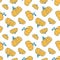 Doodle pumpkin vector seamless pattern. Blue and yellow squash on white background. Children playful print