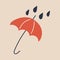 Doodle rain dripping on the umbrella. Raindrops. Bad weather, rainfall. Autumn, cane-umbrella. Shelter from the rain