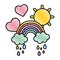 Doodle rainbow clouds raining with hearts and sun