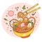 Doodle ramen noodles bowl oriental japanese traditional cuisine. Hand drawn meat broth tasty ramen noodle dish vector