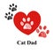 Doodle red paw print. Cat Dad text with heart. Happy Father`s Day greeting card