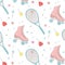 Doodle roller and tennis racket cool modern texture. Happy teen lollipop and sweets pattern. Hobby childhood sports lifestyle