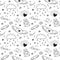Doodle romantic seamless pattern. Black and white hearts, love, cloud, wings