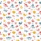 Doodle seamless background with fish, octopuses, crabs, starfish, dolphins, whales. Vector illustration. Kawaii characters. Bright