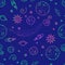 Doodle seamless pattern. Bright color space. Vector illustration. Planets, UFO, rocket, stars isolated on a blue