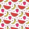 Doodle seamless pattern with fruits. Banana, strawberry and watermelon vector background. Wrapping paper or textile