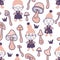 Doodle seamless pattern with gnomes and fungus. Perfect cozy print for T-shirt, textile and fabric. Hand drawn vector illustration