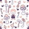 Doodle seamless pattern with gnomes and mushrooms. Perfect autumn print for T-shirt, textile and fabric. Hand drawn vector
