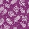Doodle seamless pattern of hand drawn dot textured purple background with cute branch and leaves design