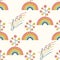 Doodle seamless pattern for music concert or festival. Nature and music. Rainbow, leaves, twigs, musical signs. Wallpaper