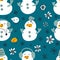 Doodle seamless pattern with snowmen, snowflakes and birds. Winter print for tee, paper, fabric, textile. Hand drawn vector