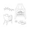 Doodle set Hygge Winter. Linear cozy armchair, Ugg boots, Fireplace, burning candle and garland of lanterns. Winter-time