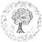 Doodle set a large tree with a hollow and forest animals and plants