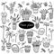 Doodle set with  potted plants, watering cans, decorative figure sticks